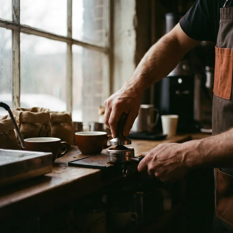 Barista prensando el café